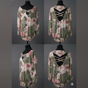 New York & Company Pink and Orange Floral 3/4 Sleeve Blouse